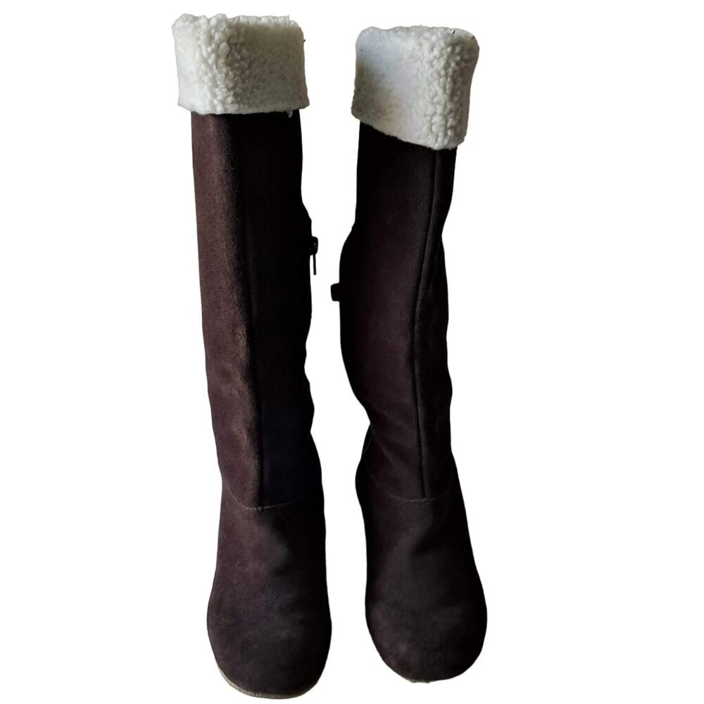 Banana Republic Brown Suede Sherpa Fleece Trim Knee High Wedge Heel Boots Size 7